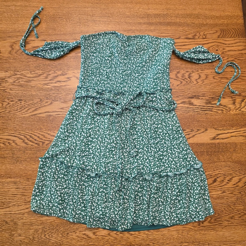 Lulus XS Dress Womens Green Floral Smocked Off The Shoulder Boho Belt Floral